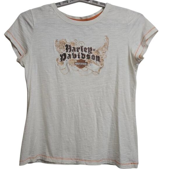 Harley-Davidson Women’s Large Tee White Graphic Logo Short Sleeve 100% Cotton - Picture 1 of 6